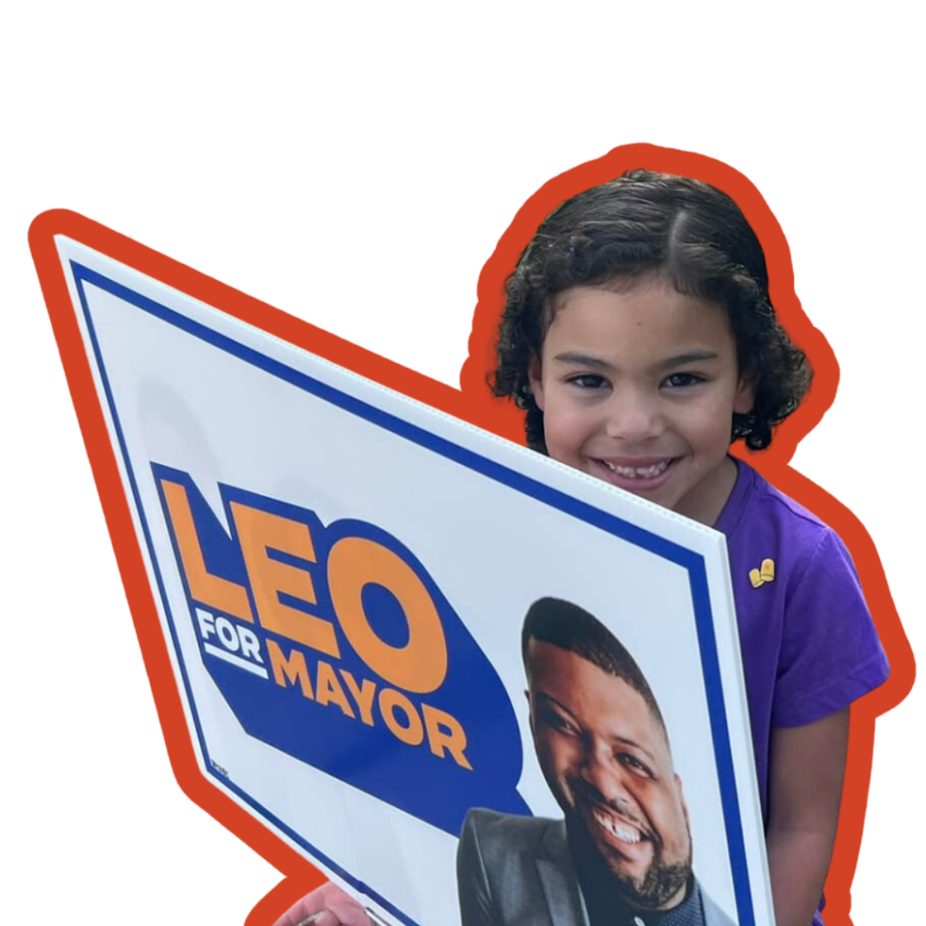 girl with yard sign that says Leo for Mayor